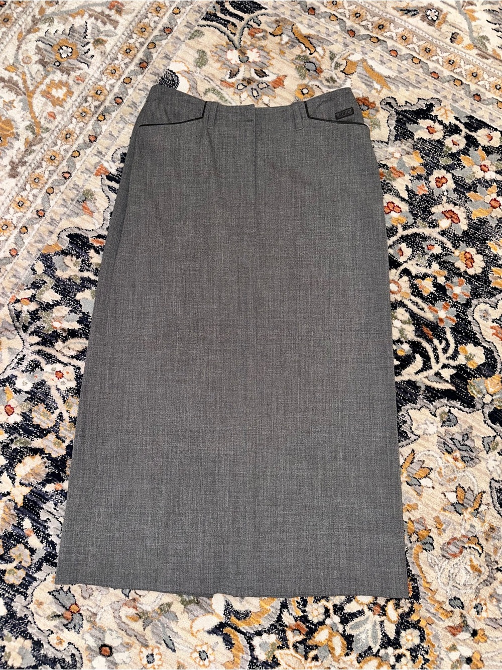 Vintage Lauren Ralph Lauren Gray Wool Blend Maxi Skirt Leather Pocket Accent 10P